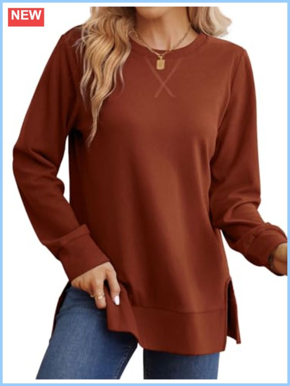 Womens Long Sleeve Sweatshirt Side Split Hem Relaxed Fit Pullover Top